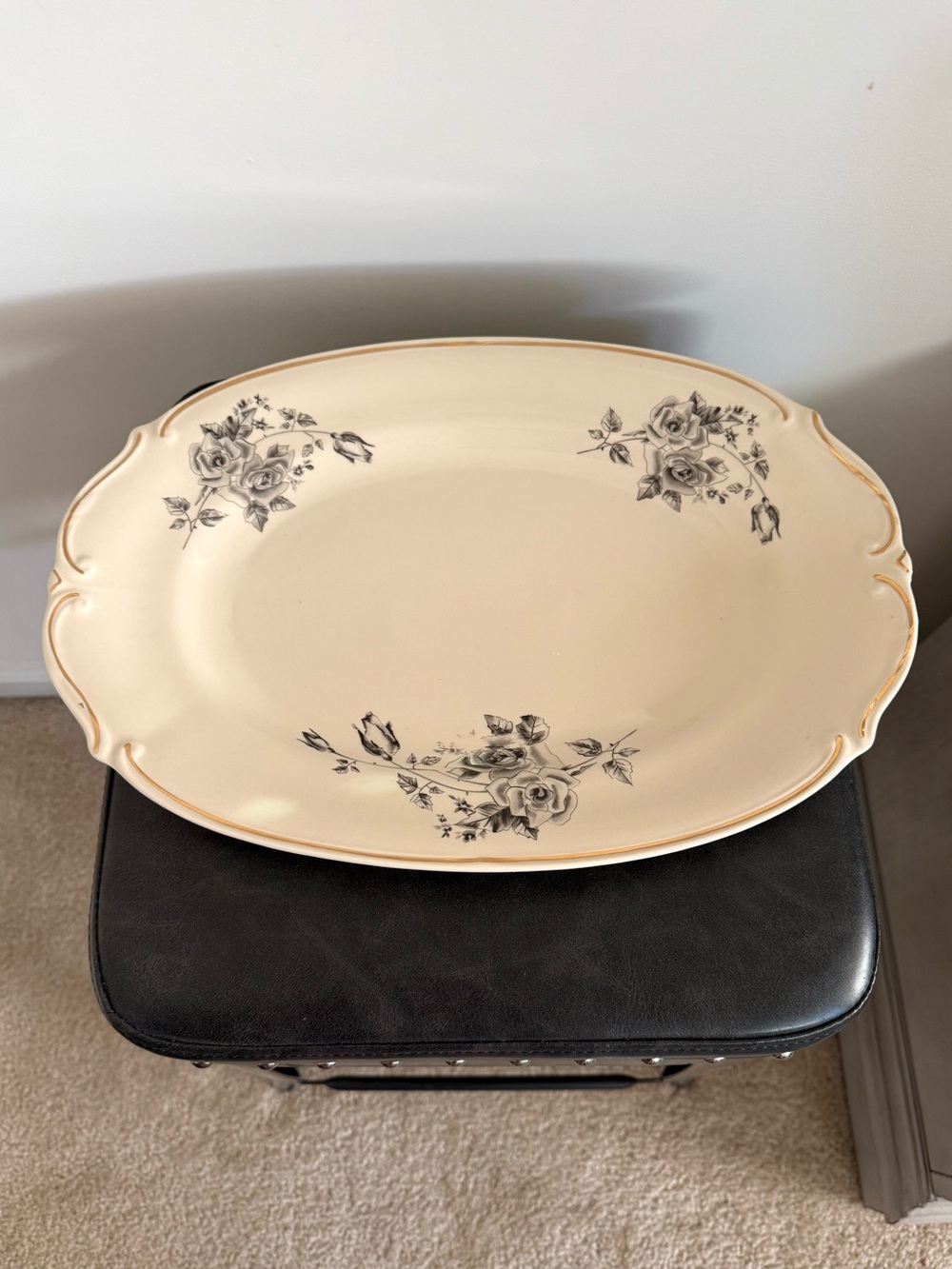 Vintage Tulowice Floral Cream Ceramic Serving Platter 15.5” 10.75”
